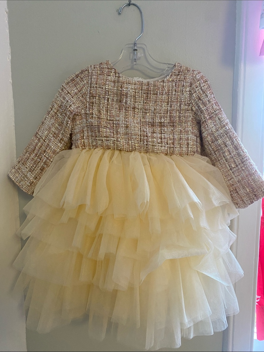 Girls' Formal Layered Tulle Dress in Cream and Tweed Bodice